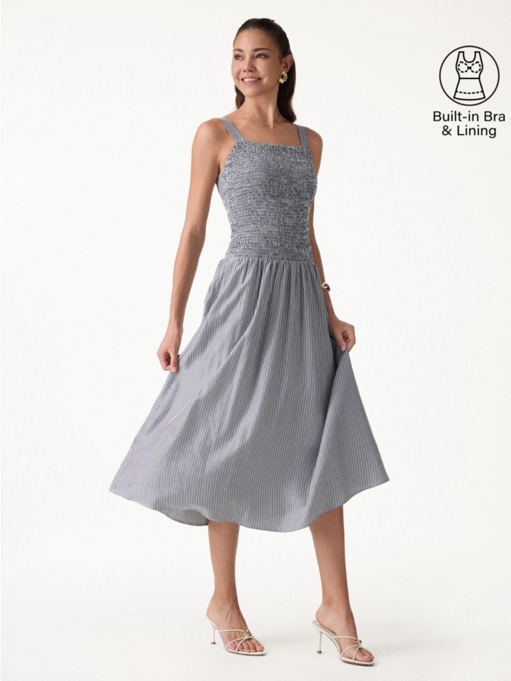OGL Smocked Strappy Midi Dress in Light Gray